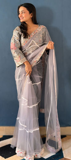 Black and Grey color Saree in Net fabric with Sequence work