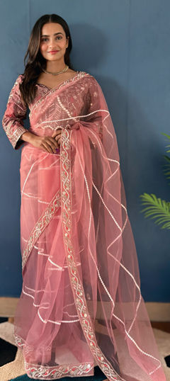 Pink and Majenta color Saree in Net fabric with Sequence work