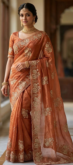 Orange color Saree in Tissue fabric with Embroidered, Sequence work