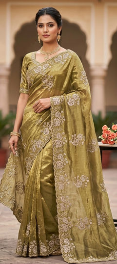 Green color Saree in Tissue fabric with Embroidered, Sequence work