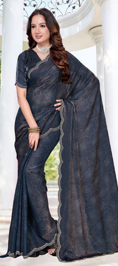 Blue color Saree in Tissue fabric with Digital Print, Zircon work