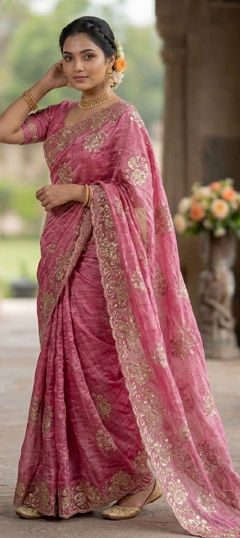 Pink and Majenta color Saree in Tissue fabric with Embroidered, Sequence work