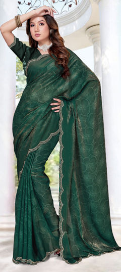 Green color Saree in Tissue fabric with Digital Print, Zircon work