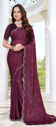 Purple and Violet color Saree in Tissue fabric with Digital Print, Zircon work