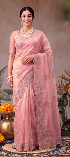Pink and Majenta color Saree in Net fabric with Embroidered work