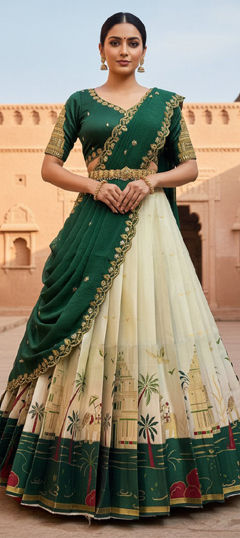 Green, White and Off White color Lehenga in Silk fabric with Embroidered work