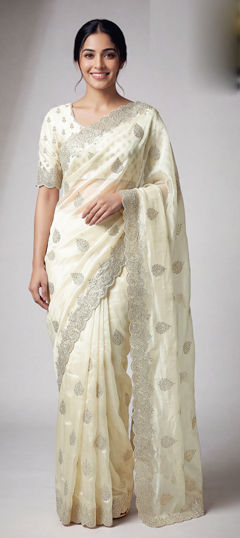 White and Off White color Saree in Net fabric with Embroidered work
