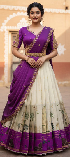 Purple and Violet, White and Off White color Lehenga in Silk fabric with Embroidered work