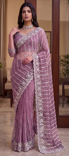 Pink and Majenta color Saree in Net fabric with Bugle Beads, Embroidered, Moti, Sequence work