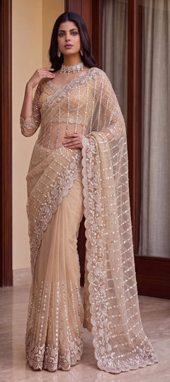 White and Off White color Saree in Net fabric with Bugle Beads, Embroidered, Moti, Sequence work