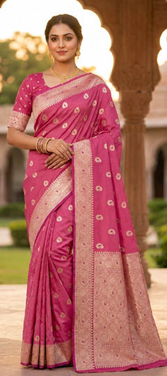 Pink and Majenta color Saree in Banarasi Silk fabric with Weaving, Zari work