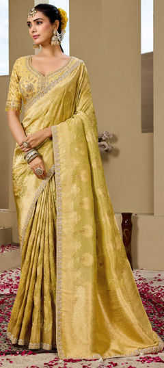 Yellow color Saree in Tissue fabric with Cut Dana, Sequence, Weaving, Zari work