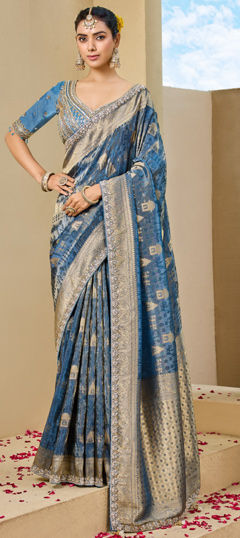 Blue color Saree in Tissue fabric with Cut Dana, Sequence, Weaving, Zari work