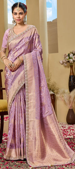 Pink and Majenta color Saree in Tissue fabric with Cut Dana, Sequence, Weaving, Zari work