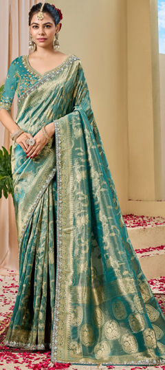 Blue color Saree in Tissue fabric with Cut Dana, Sequence, Weaving, Zari work
