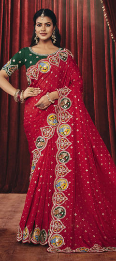 Pink and Majenta color Saree in Silk fabric with Embroidered, Sequence, Stone, Weaving, Zari work