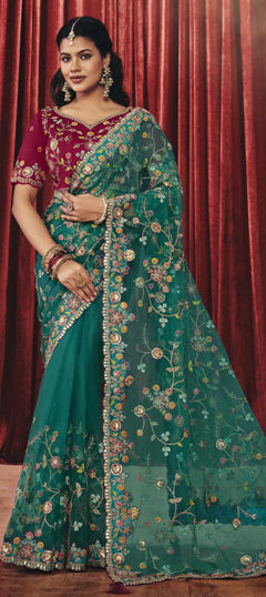 Blue color Saree in Net fabric with Embroidered, Sequence, Zari work