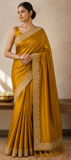 Yellow color Saree in Silk fabric with Embroidered work