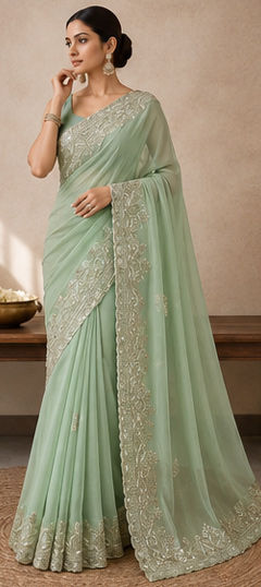 Green color Saree in Faux Georgette fabric with Embroidered work