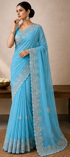 Blue color Saree in Faux Georgette fabric with Embroidered work