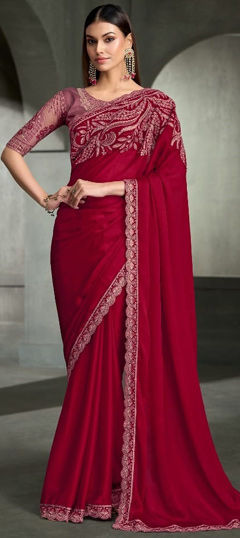 Red and Maroon color Saree in Chiffon, Satin Silk fabric with Embroidered, Sequence work