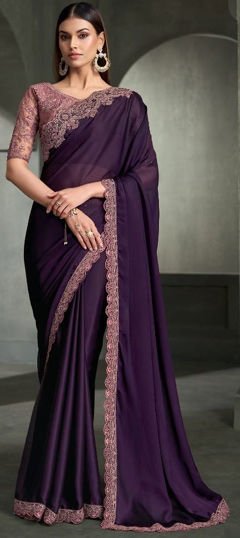 Purple and Violet color Saree in Chiffon, Satin Silk fabric with Embroidered, Sequence work