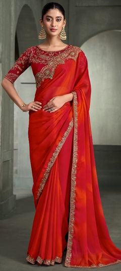 Red and Maroon color Saree in Chiffon fabric with Embroidered, Sequence work