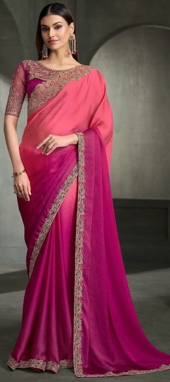 Pink and Majenta, Purple and Violet color Saree in Chiffon fabric with Embroidered, Sequence, Zari work
