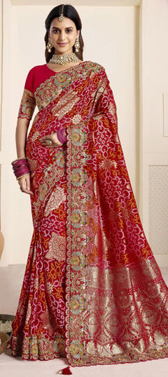 Pink and Majenta, Red and Maroon color Saree in Silk fabric with Bandhej, Embroidered, Printed, Stone, Weaving work