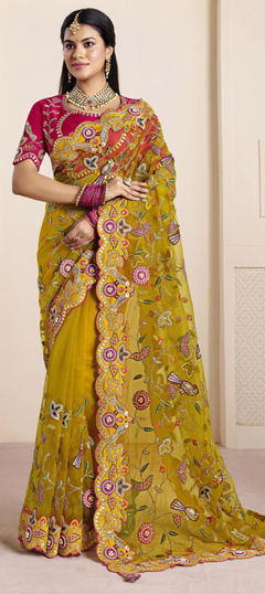 Pink and Majenta, Yellow color Saree in Organza Silk fabric with Bugle Beads, Embroidered, Gota Patti, Sequence work