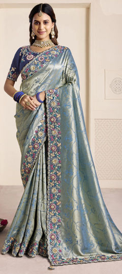 Black and Grey, Silver color Saree in Art Silk, Shimmer fabric with Cut Dana, Embroidered, Sequence, Stone work