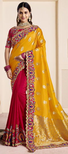 Pink and Majenta, Yellow color Saree in Banarasi Silk fabric with Cut Dana, Embroidered, Sequence, Stone work