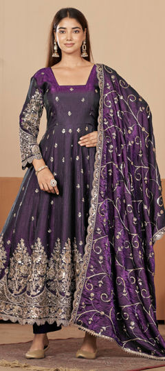 Purple and Violet color Salwar Kameez in Silk fabric with Embroidered, Sequence work