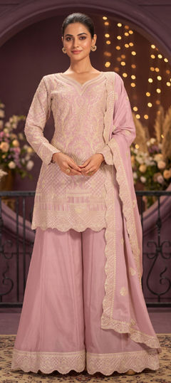 Pink and Majenta color Salwar Kameez in Chinon Silk fabric with Embroidered, Thread work