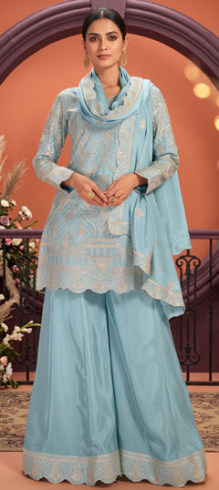 Blue color Salwar Kameez in Chinon Silk fabric with Embroidered, Thread work