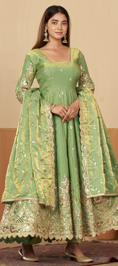 Green color Salwar Kameez in Silk fabric with Embroidered, Sequence work