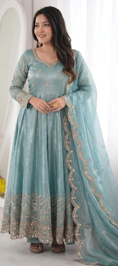 Blue color Salwar Kameez in Tissue fabric with Embroidered, Sequence work