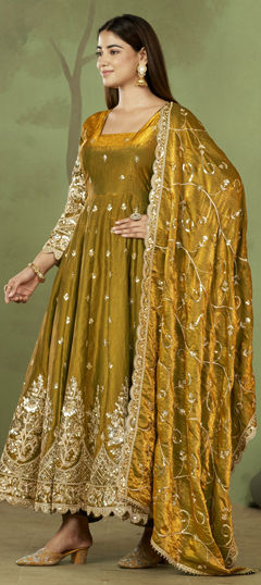 Yellow color Salwar Kameez in Silk fabric with Embroidered, Sequence work