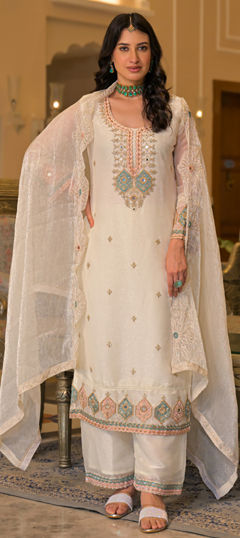 White and Off White color Salwar Kameez in Satin Silk fabric with Cut Dana, Embroidered, Mirror work