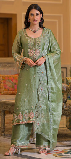 Green color Salwar Kameez in Satin Silk fabric with Cut Dana, Embroidered, Mirror work