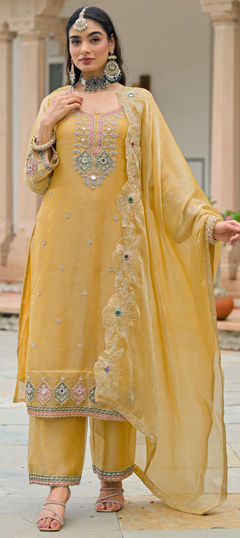 Yellow color Salwar Kameez in Satin Silk fabric with Cut Dana, Embroidered, Mirror work