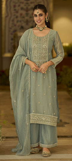 Green color Salwar Kameez in Tissue fabric with Cut Dana, Moti, Thread, Zari work