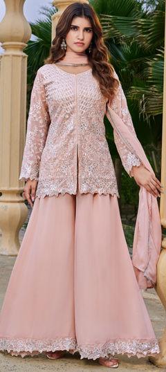 Pink and Majenta color Salwar Kameez in Faux Georgette fabric with Embroidered, Sequence work