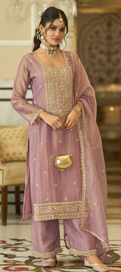 Pink and Majenta color Salwar Kameez in Tissue fabric with Cut Dana, Moti, Thread, Zari work