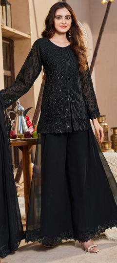 Black and Grey color Salwar Kameez in Faux Georgette fabric with Embroidered, Sequence work