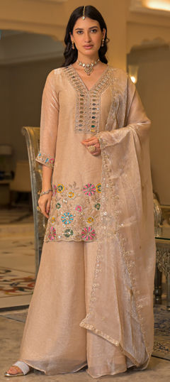 White and Off White color Salwar Kameez in Satin fabric with Cut Dana, Embroidered, Mirror, Sequence work