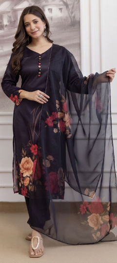 Black and Grey color Salwar Kameez in Silk fabric with Floral, Printed work