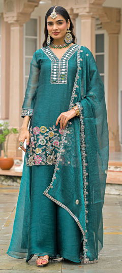 Blue color Salwar Kameez in Satin fabric with Cut Dana, Embroidered, Mirror, Sequence work