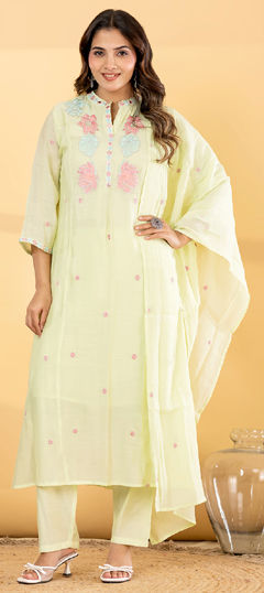 Green color Salwar Kameez in Mul Chanderi fabric with Embroidered, Zari work