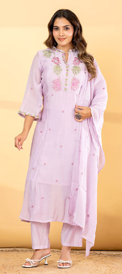 Pink and Majenta color Salwar Kameez in Mul Chanderi fabric with Embroidered, Zari work